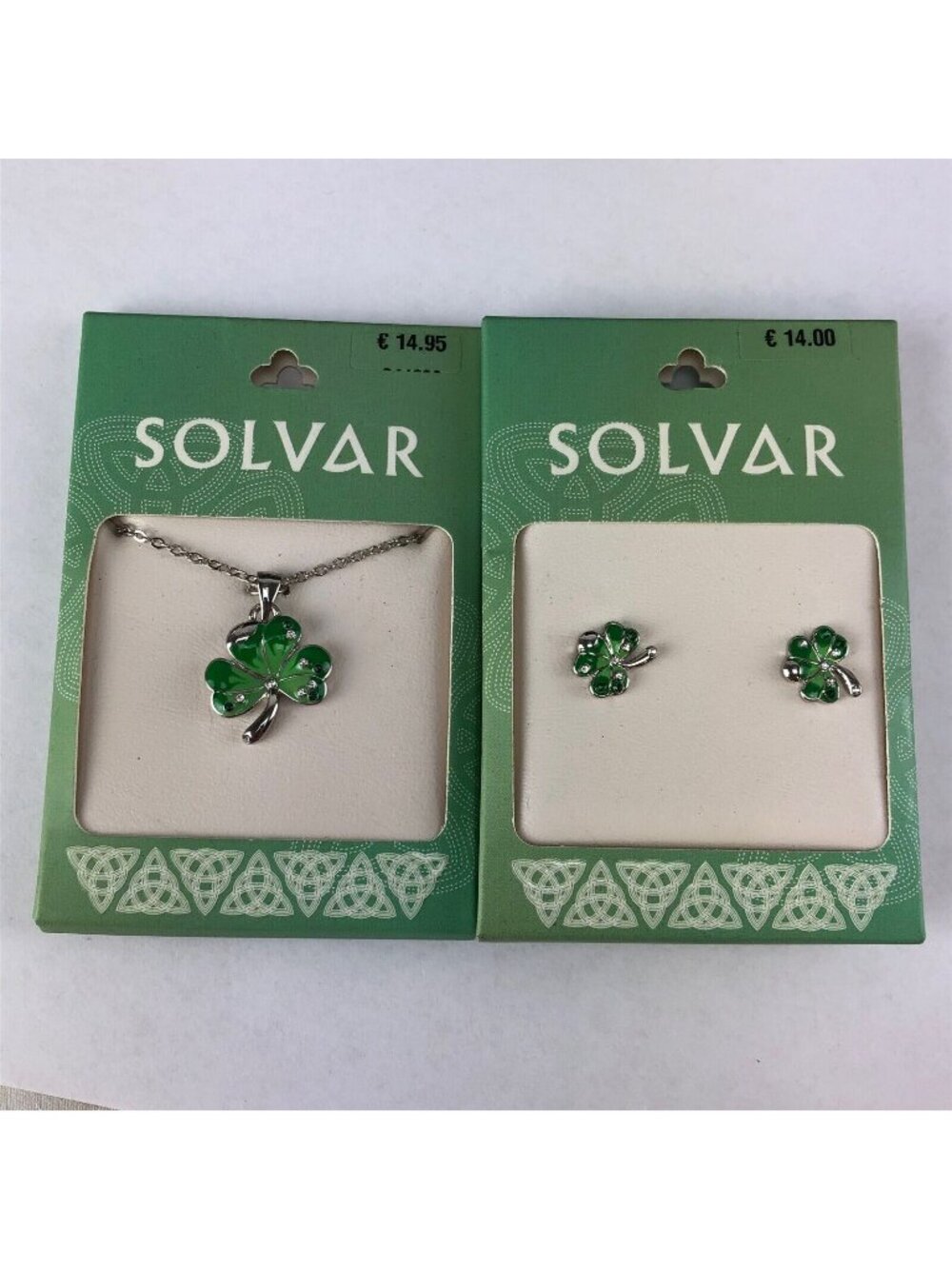 Solvar Rhodium Plated Necklace Earrings Set Irish Shamrock Silver Tone Enamel &